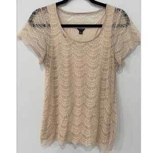 Ann Taylor Women's Blouse Top Scoop Lace Overlay Short Sleeve Fitted Beige Sz M